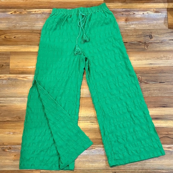 Drawstring Green Split Wide Leg Textured Pants Size L - Picture 5 of 5